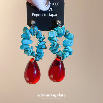 Turquoise Blue Chip Hoop and Deep Red Teardrop Earrings
