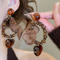 Brown Mesh Pom Pom and Petal Drop Stud Earrings Jewelry Pair view 4