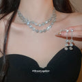 Silver Double Layer Rhinestone Flower Necklace Earrings Set view 2