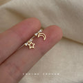 Gold Tone Crescent Moon And Star Asymmetric Drop Stud Earrings view 3