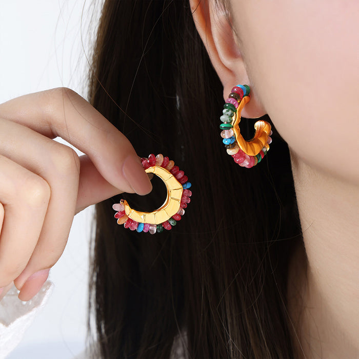 Gold Crescent Hoop Earrings Colorful Stone Bead Accents
