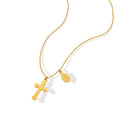 Cross and Oval Medal Pendant Necklace Gold Steel Tones view 5
