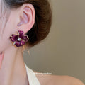 Purple Enamel Flower Stud Earrings With Crystal Centers view 3