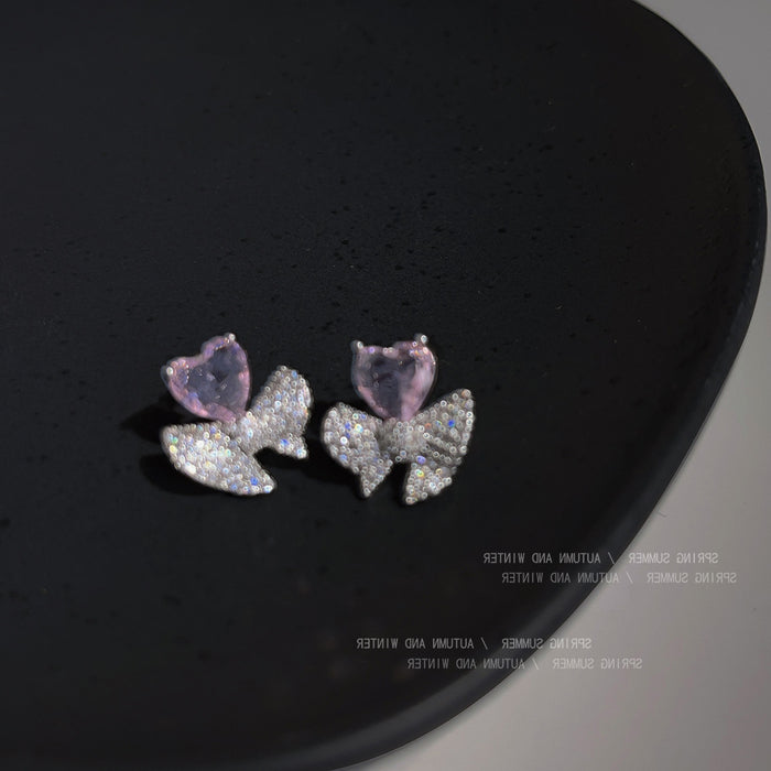 Pave Bow Light Purple Heart Crystal Stud Earrings Matching Pair