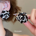 Red Brown Fabric Rose Stud Earrings with Sculpted Petals view 4