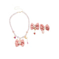 Fabric Bow Pearl Necklace Stud Earrings Pink White view 5