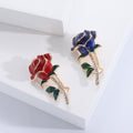 Long Stem Crystal Enamel Rose Brooch in Red or Deep Blue view 1
