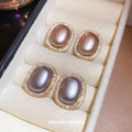 Gold Framed Oval Pearl Stud Earrings Decorative Jewelry Design view 1