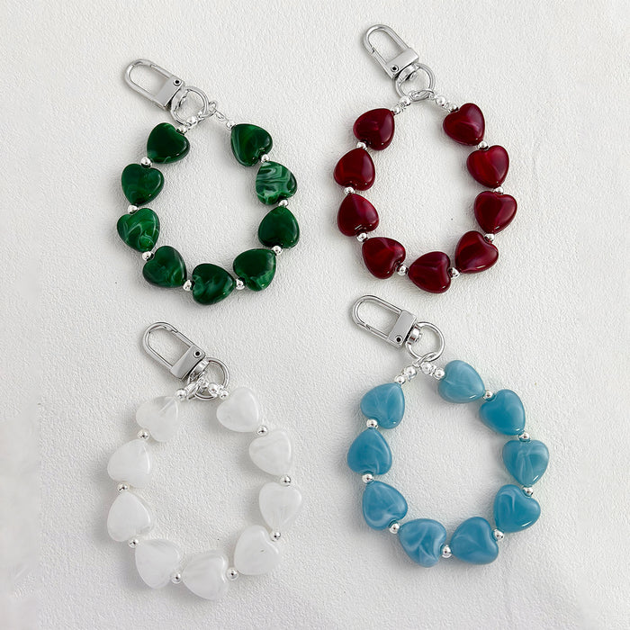 Marbled Heart Bead Bracelet Keychain With Lobster Clasp