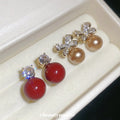 Red Pearl Style Drop Earrings with Crystal Square Studs view 1
