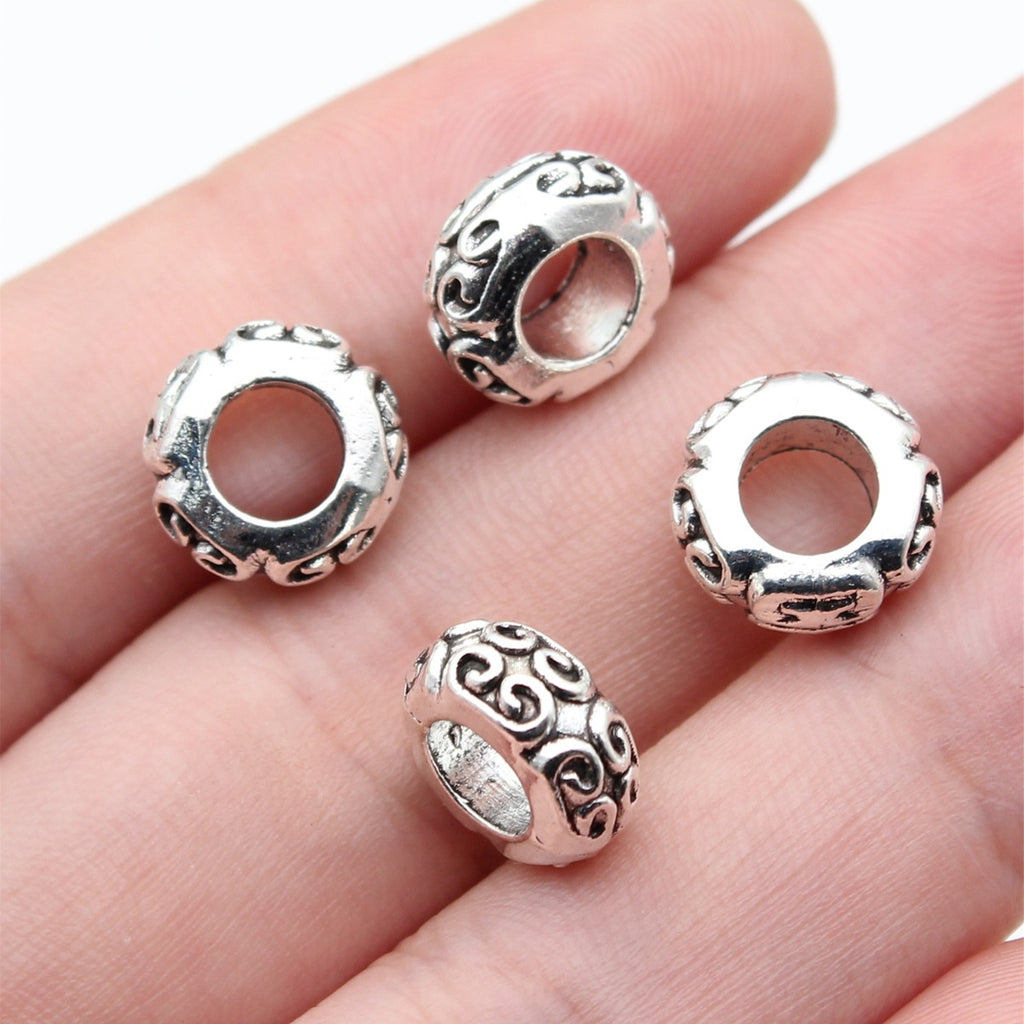 11x11x5.3mm 1.8g Antique Silver Zinc Alloy Carved Round Large Hole Spacer Beads for Bracelet Making