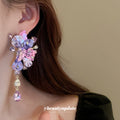 Purple Crystal Flower Cluster Drop Earrings with Polished Metal Accents view 3