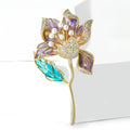 Purple Enamel Lotus Brooch Pearl Center Teal Leaf Stem view 2