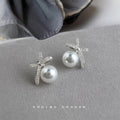 Silver Tone Clear Stone Bow And Large White Pearl Stud Earrings view 3
