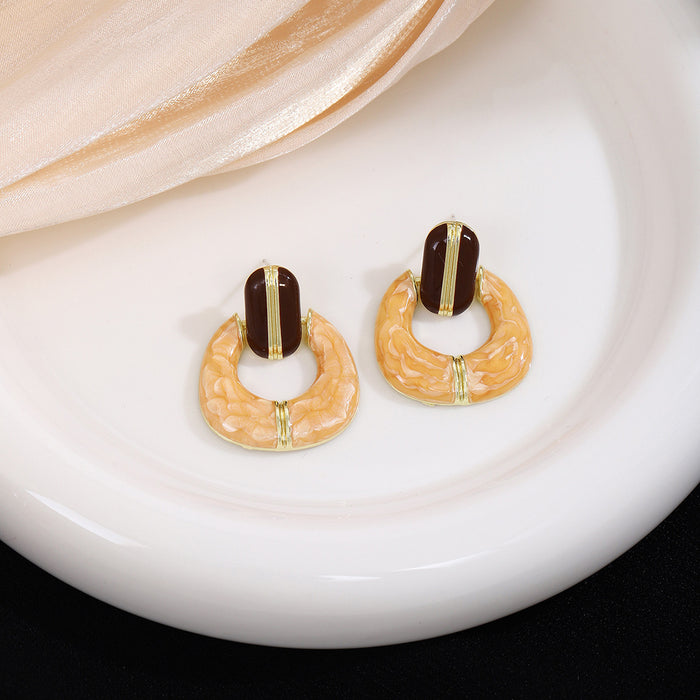 Brown Bar Orange Textured Open Round Stud Earrings
