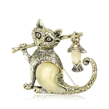Cat With Fish Brooch In 2 Styles With Polished Metal Details