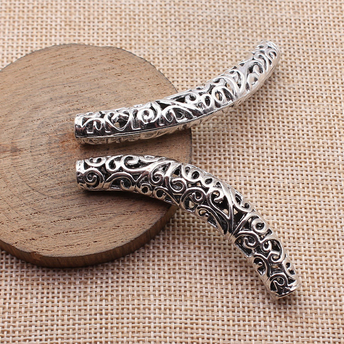 66x11x9.3mm 7.6g Antique Silver Zinc Alloy Hollow Curved Tube Beads for Bracelet Necklace Jewelry Making