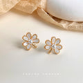 Gold-Tone Five-Petal Shell Flower Pearl Center Stud Earrings view 4