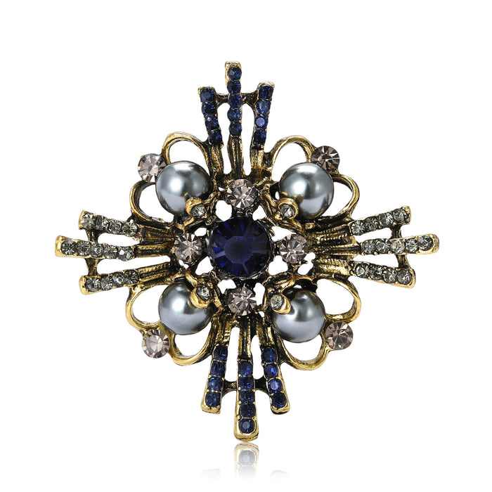 Antique Gold Geometric Pearl Brooch With Decorative Crystal And Enamel Details