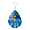Silver Tone Blue and Purple Painted Flower Teardrop Hook Earrings view 4