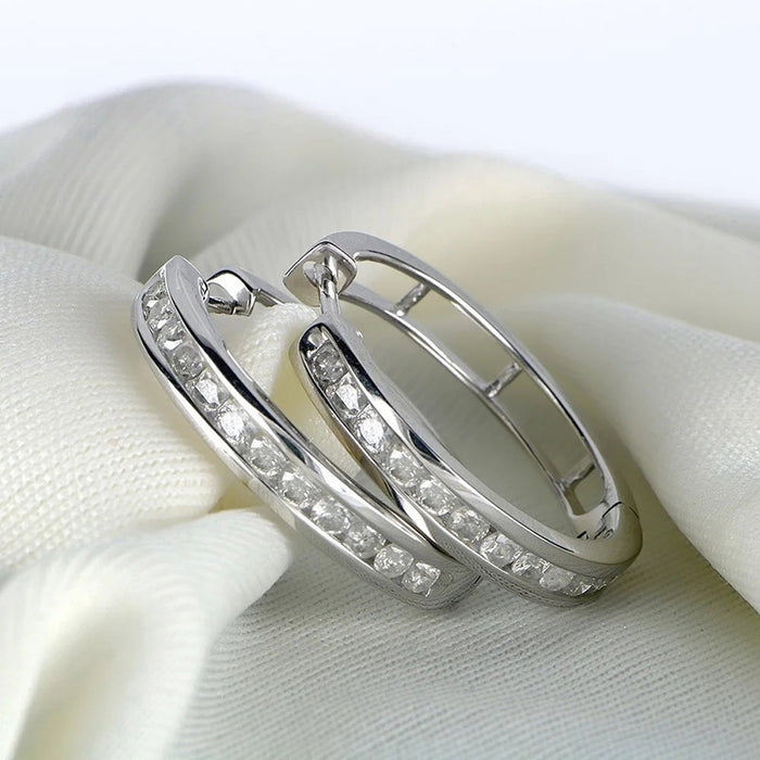 Double Row Crystal Hoop Earrings in Silver Tone with Clear Crystal Details