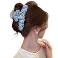 Blue Satin Heart Hair Claw With Black Polka Dots And Ruffles view 5