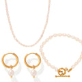 Freshwater Pearl Necklace Bracelet Hoop Earring Set Gold Tone view 5