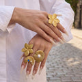 Gold Flower Fan Pearl Statement Rings Open Band Styles view 2