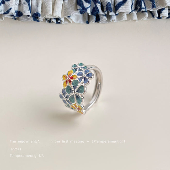 Silver Tone Multicolor Enamel Flower Cluster Adjustable Open Ring