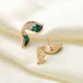 Gold Green Cream Enamel Twisted Leaf Stud Earrings view 3
