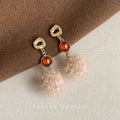 Gold Irregular Stud Amber Disc Fluffy Pom Drop Earrings view 4