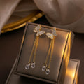 Gold Butterfly Double Chain Clear Look Long Stud Earrings view 3
