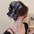 Black White Paisley Fabric Bow Shark Hair Claw Clip view 3