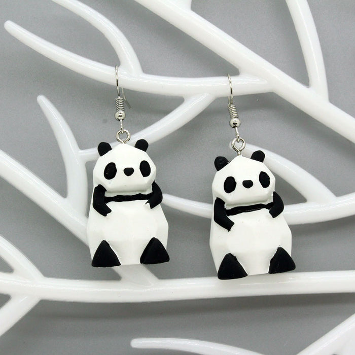 Black and White Panda Figural Drop Earrings with Silver Tone Hooks