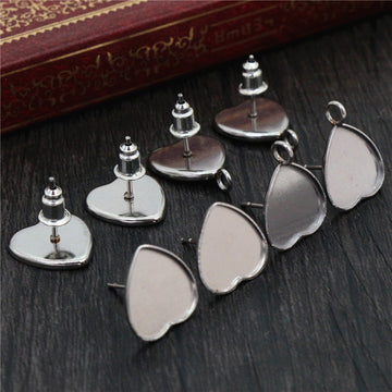 Steel Tone Heart Bezel Earring Post Findings With Loop