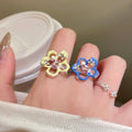 Enamel Flower Open Ring Pink Crystal Silver Tone Yellow view 1