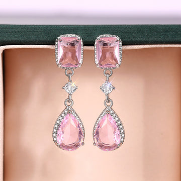 Silver Yellow Pink Teardrop CZ Dangle Earrings Two Colors
