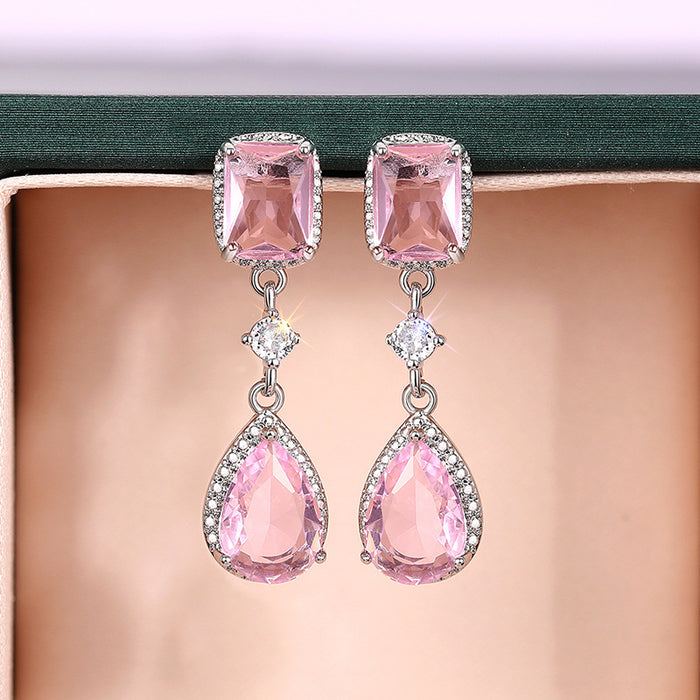 Silver Yellow Pink Teardrop CZ Dangle Earrings Two Colors