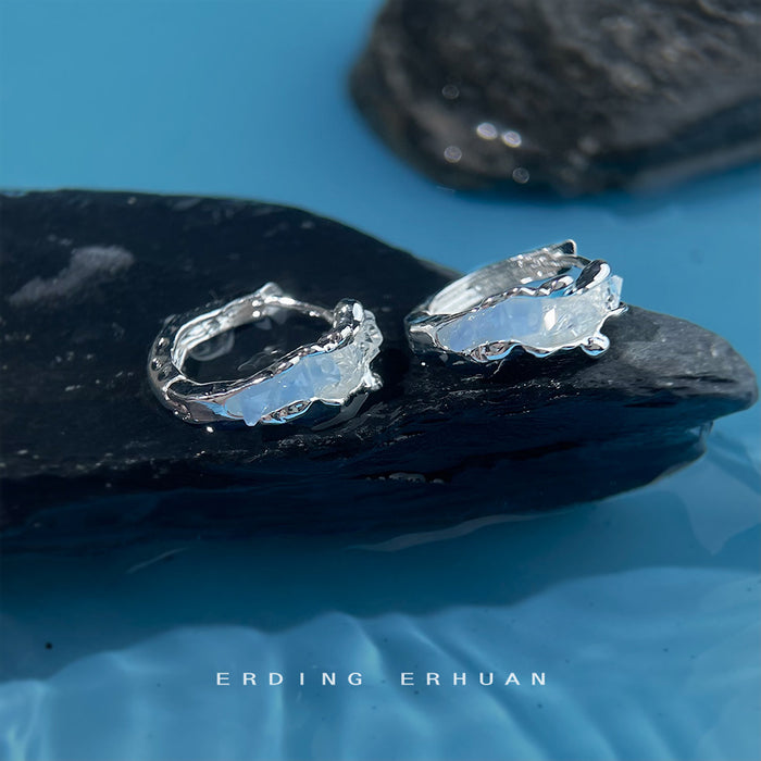 Silver Tone Ice Blue Glass Chip Round Hoop Earrings