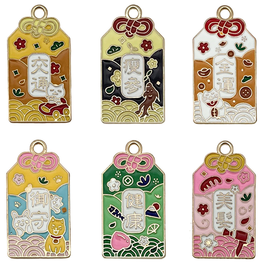 K Gold Zinc Alloy Japanese Fortune Plaque Enamel Charm Pendant for DIY Earrings Keychain