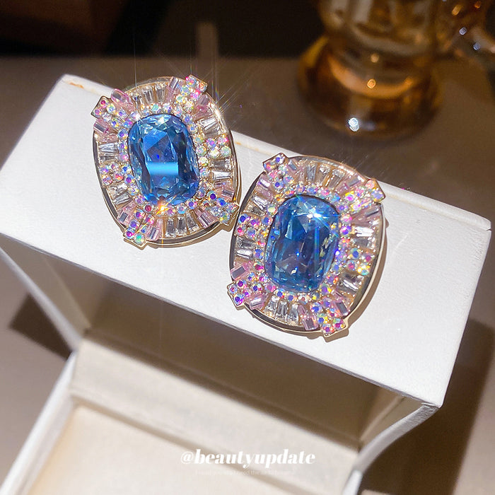 Blue and Pink Crystal Rectangle Statement Stud Earrings