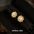 Gold Tone Clear Stone Sunburst And White Pearl Center Stud Earrings view 4