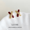 Gold X Cross Stud Earrings Wine Red Enamel Pave Pair view 1