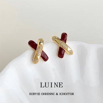 Gold X Cross Stud Earrings Wine Red Enamel Pave Pair