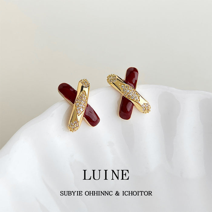 Gold X Cross Stud Earrings Wine Red Enamel Pave Pair