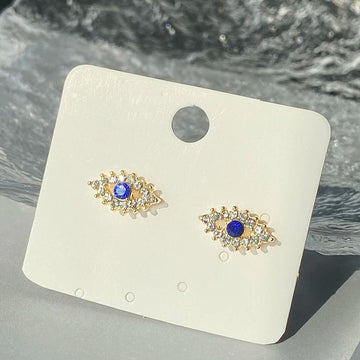 Gold Evil Eye Stud Earrings Blue Center Clear Crystal Halo