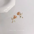 Gold Tone Rose Flower Green Leaf And White Pearl Stud Earrings view 4