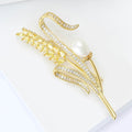 Golden Wheat Ear Brooch With Crystal Curves and Pearl Bud view 4