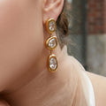 Gold Triple Irregular Zircon Drop Earrings Bezel Set Stones view 3