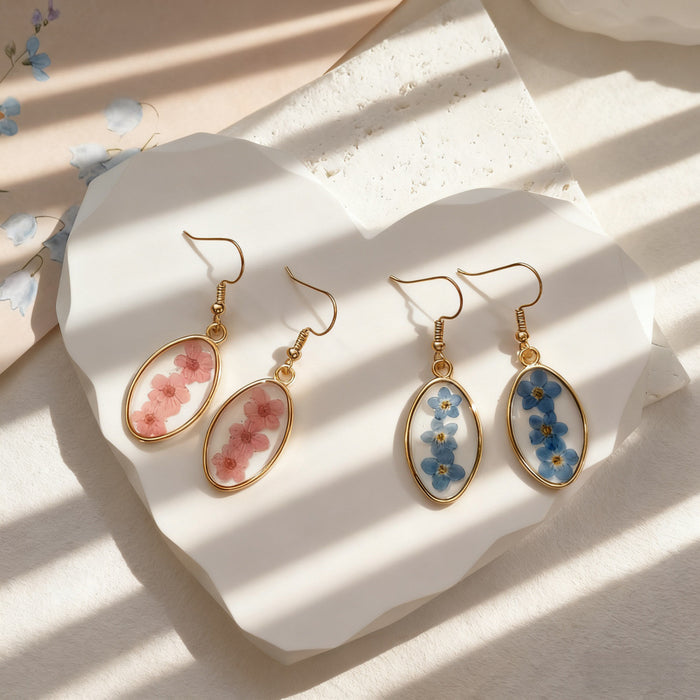 Oval Gold Frame Dried Flower Resin Drop Earrings Pink Blue